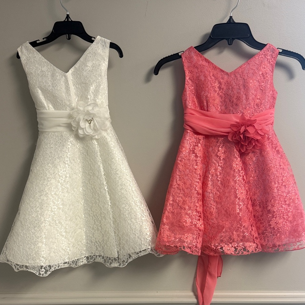 Classic Lace Flower Waistband Girls Dress - White and Coral